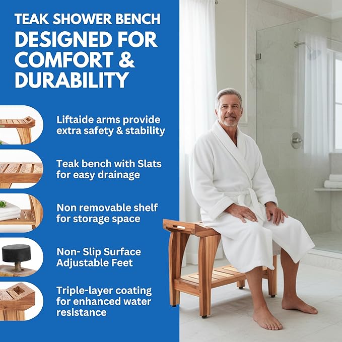 EcoDecors 24 Inch Tranquility Natural Color Waterproof Teak Wood Shower Bench Stool Seat Chair For Inside Shower Storage Shelf Provides Safety, Storage, and Organization For Bathroom Accessories