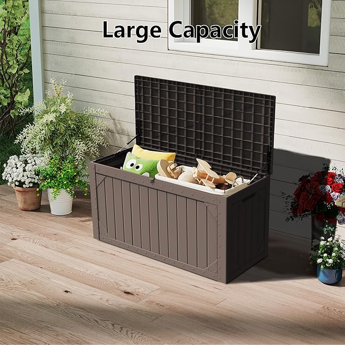 100 Gallon Outdoor Storage Box Waterproof,Resin Deck Box Storage Bin for Cushion Patio Furniture, Pool Accessories, and Garden Tools, Lockable & UV-Resistant, Brown