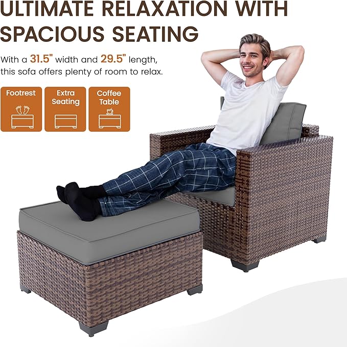 UDPATIO 6 Piece Patio Furniture Set 7 Seats Wicker Outdoor Furniture Set, Thick Cushions Patio Couch Chair with Ottoman & Storage Table for Porch, Balcony