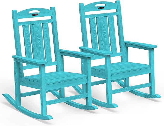 Ciokea Oversized Outdoor Rocking Chairs Set of 2, HDPE Porch Rocking Chairs for Outside, All-Weather Comfortable Patio Rockers for Front Deck Balcony, Lake Blue
