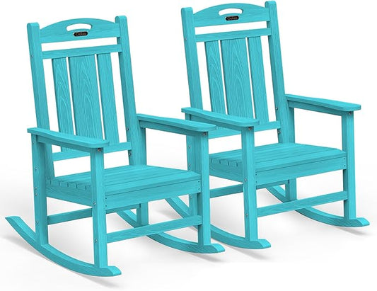 Ciokea Oversized Outdoor Rocking Chairs Set of 2, HDPE Porch Rocking Chairs for Outside, All-Weather Comfortable Patio Rockers for Front Deck Balcony, Lake Blue