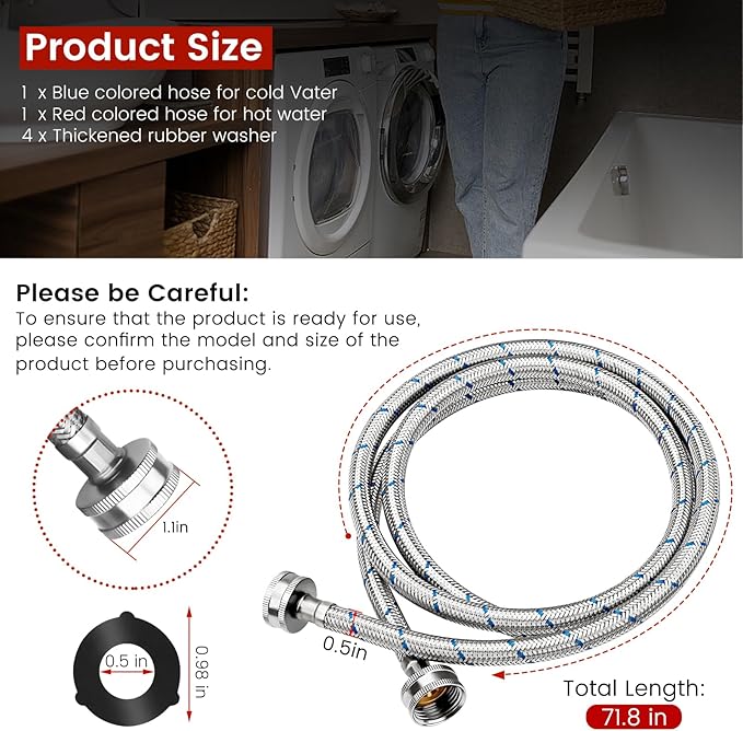 6Ft Stainless Steel Washing Machine Hose by Puxyblue for All Washers - 2 Pack Burst Proof Red and Blue Braided Hoses for Hot and Cold Water Supply - 10 Years Warranty