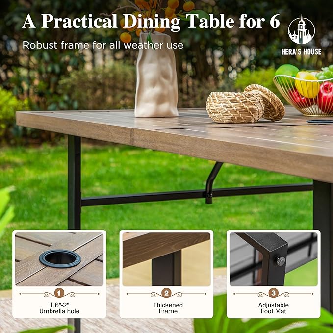 HERA'S HOUSE 7 PCS Patio Dining Set, Outdoor Dining Set for 6, 6 x All Weather High Back Padded Dining Chair, 1 x 63 Rectangular Large Wood Like Dining Table for Lawn Garden