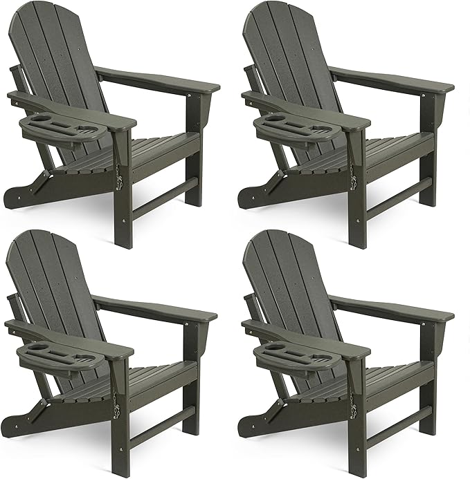Adirondack Chair Set of 4, HDPE Folding Adirondack Chair with Multifunctional Cup Holder, Weather Resistant Fire Pit Chair for porches, patios, poolsides, Decks.