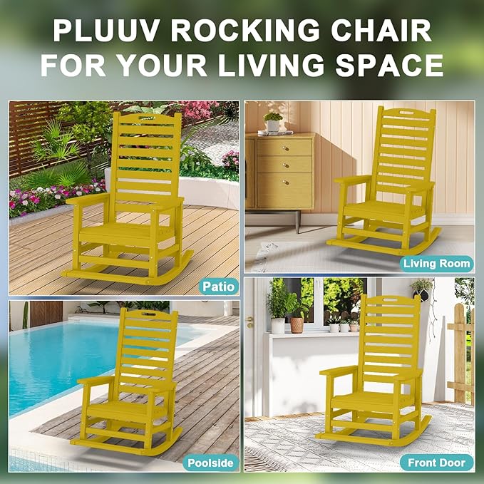 Outdoor Rocking Chair Set of 8 with Removable Footboard for Adults, HDPE High Back Patio Rocking Chairs, 330lbs All Weather Porch Rocking Chairs for Outdoor & Indoor -Yellow