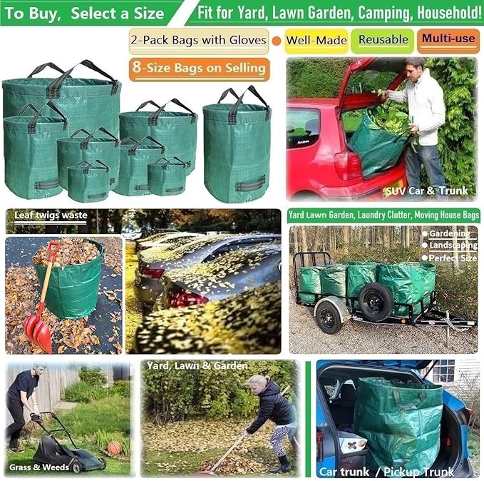 Standard 2-Pack 32 Gallon Yard Lawn Garden Bags (D18, H30 inch) with Gardening Gloves for Yard Waste,Debris Bags,Camping Trash Container,Laundry Bag,Recycling Bin,Grass Clippings,Leaf Bag W/ 4 Handles