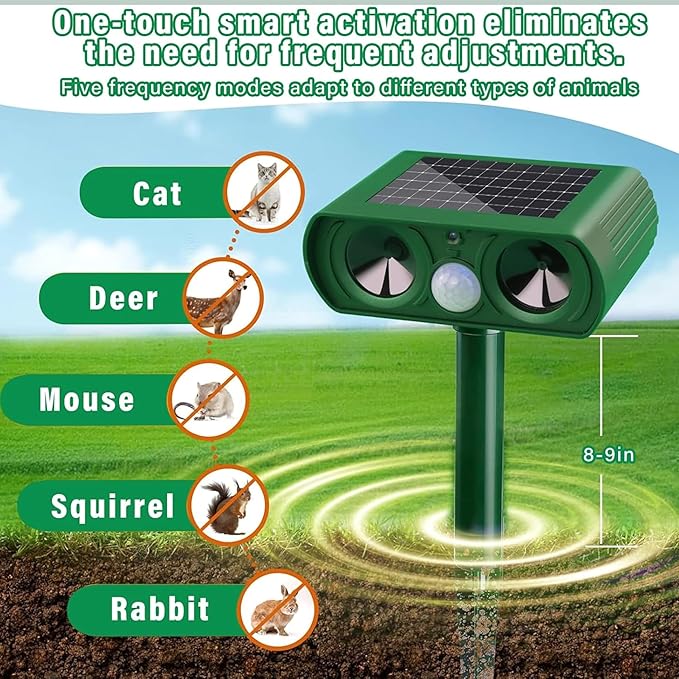 Outdoor Ultrasonic Animal Repellent – Solar Powered, Waterproof, Motion Sensor, Eco-Friendly, Deer, Dog, Cat, Raccoon, Squirrel, Skunk, Coyote, Fox, Rabbit, Geese, Ultrasonic Repeller 1PK