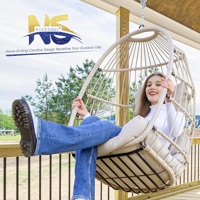 Nicesoul Outdoor Hanging Egg Chair Without Stand, Patio Wicker Swing Egg Basket Chairs with Padded Cushion, 350 Lbs Comfy Cozy Ceiling Tree Swinging Egg-Shaped Chair No Stand for Indoor Balcony, Beige