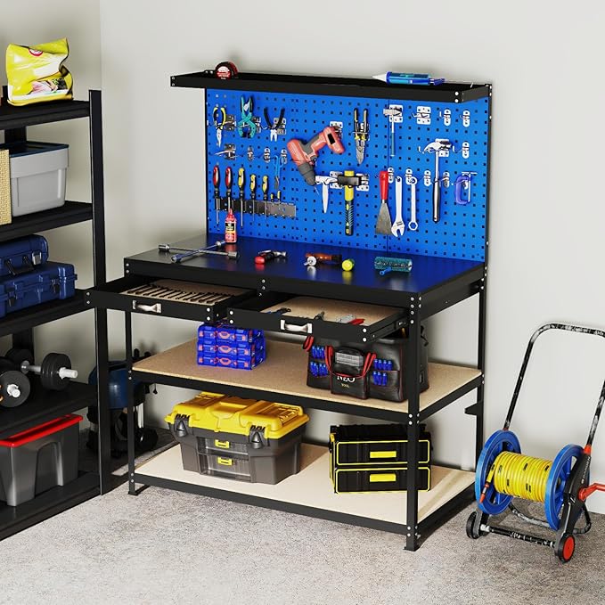 Goplus Workbench with Drawers, 48" x 24" Heavy-Duty Work Table with 3 PCS Pegboard & 4 Shelves, 24 Hanging Accessories, 506 LBS Capacity, Metal Tool Storage Work Bench for Garage, Workshop