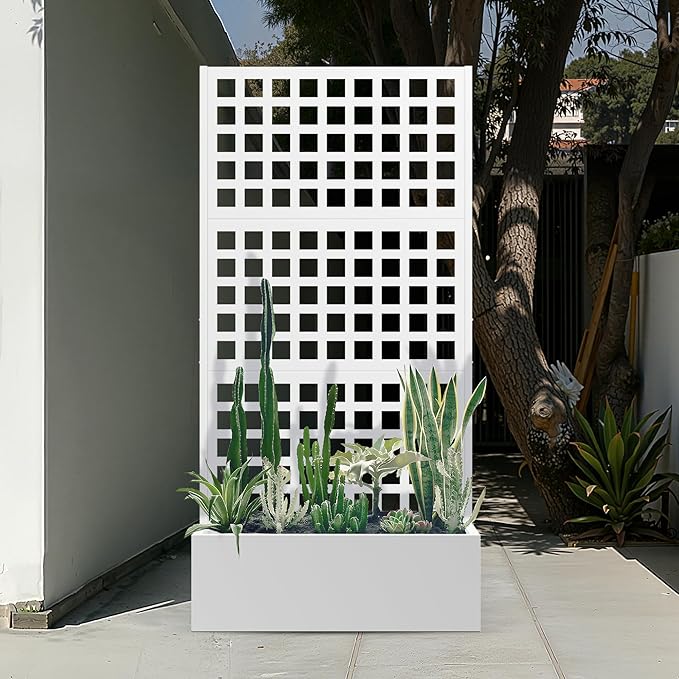 Metal Planter Box with Trellis, Raised Garden Bed for Climbing Plants, Privacy Screen with Garden Boxes，Drainage Hole for Vegetables, Flowers, Vines (35" L×16" W×71" H, White)