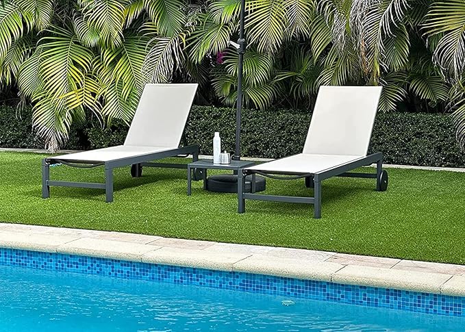 PURPLE LEAF Outdoor Chaise Lounge with Wheels for Outside 2 Pieces Aluminum Patio Lounge Chair with 5 Adjustable Position Recliner for Patio, Beach, Yard, Pool, Side Table Included, Beige
