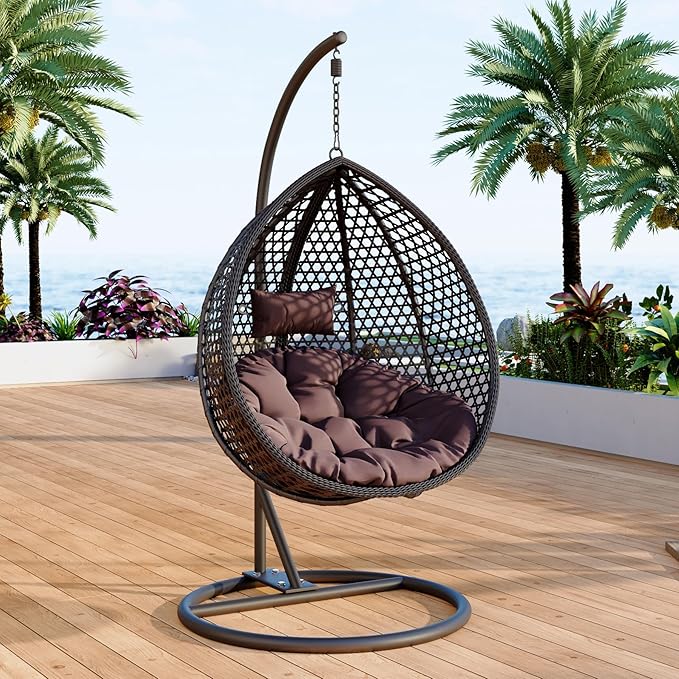 Egg Swing Chair Outdoor with Stand, Indoor Swing for Adults, Hanging Egg Rattan Basket Chair with Cushion and Pillow, Foldable Basket and Metal Stand for Porch, Patio, Bedroom, Balcony,Yard (Black)