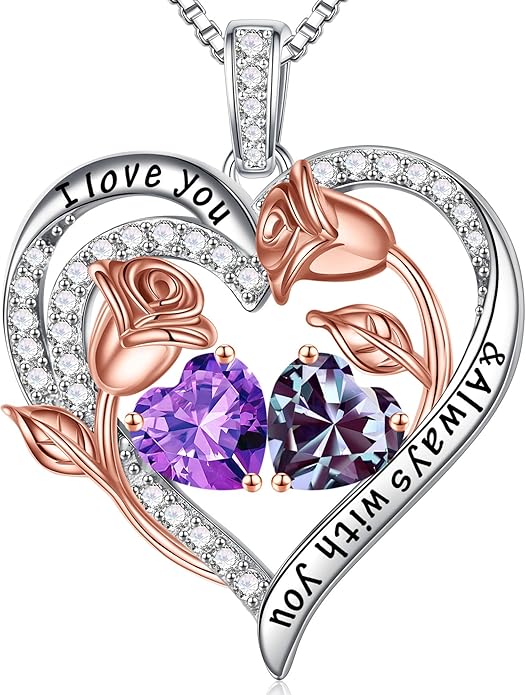 Iefil Christmas Gifts for Women Wife - 925 Sterling Silver Rose Heart Birthstone Necklace Birthday Anniversary Jewelry Gifts for Her Wife Mom Daughter