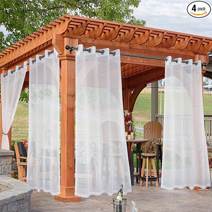HolidayIdeas White Outdoor Sheer Curtains for Patio Waterproof, 4 Panels - 54 x 120 Inch - Light Filtering Voile Outside Curtains Grommet Drapes for Front Porch, Gazebo, Pergola, Backyard