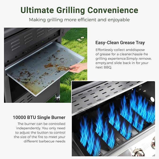 HUGROVE 4-Burner Propane Gas BBQ Grill, Upgraded 40,000 BTU Stainless Steel Barbecue Grill with Foldable Side Tables, Spice Rack & Wheels for Outdoor Cooking