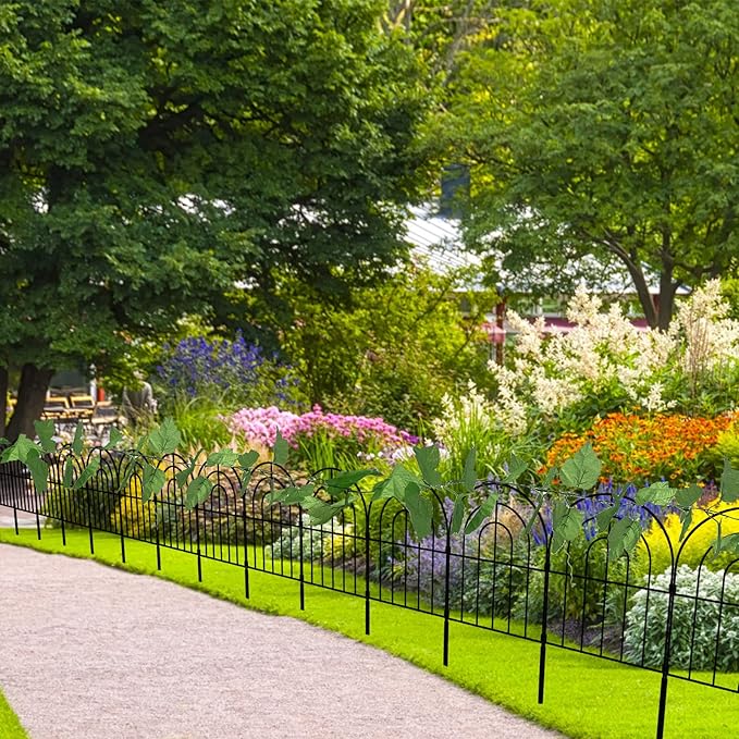 Decorative Garden Fence 20 Pack, Total 20ft(L) x 24in (H) No Dig Rustproof Metal Wire Fencing Border Animal Barrier, Flower Edging for Landscape Patio Yard Outdoor Decor, with 32ft Leaves