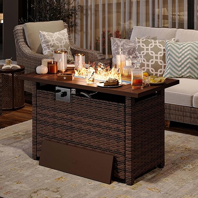 Aoxun 44" Propane Fire Pit with Storage 50,000 BTU Outdoor Wicker Fire Table CSA Certified Patio Rectangular Gas Fire Pit Table with Firepit Lid and Waterproof Cover