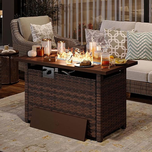 Aoxun 44" Propane Fire Pit with Storage 50,000 BTU Outdoor Wicker Fire Table CSA Certified Patio Rectangular Gas Fire Pit Table with Firepit Lid and Waterproof Cover