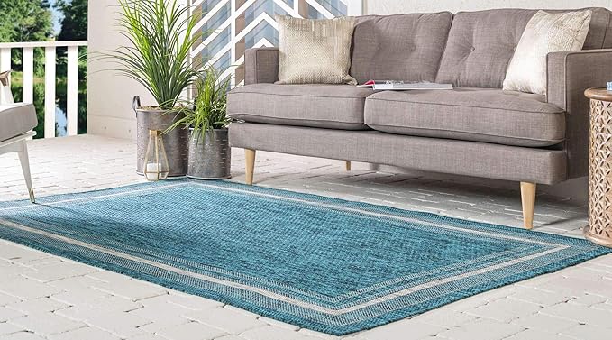 Unique Loom Outdoor Border Collection Area Rug - Soft Border (9' x 12' Rectangle, Teal/ Ivory)