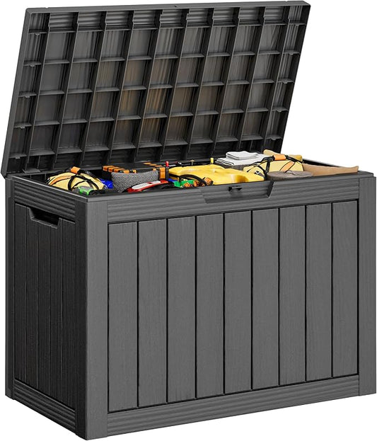 45 Gallon Outdoor Storage Deck Box Waterproof,Garden Tool,Backyard Cushion,Poolside Storage,Small Delivery Boxes for Outside,UV-Resistant & All-Weather,Wood-like Striped BLack