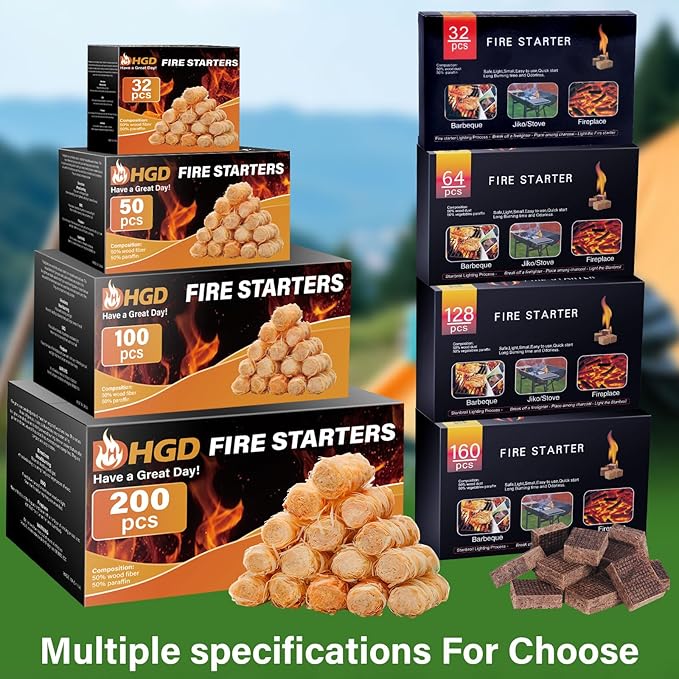 HGD Natural Fire Starters (50pcs) - Weather-Resistant Charcoal Starters for Indoor Fireplace, BBQ, Campfire, Wood Stove, Chimney, Fire Pit, Grill & Outdoor Use - Easy Lighting