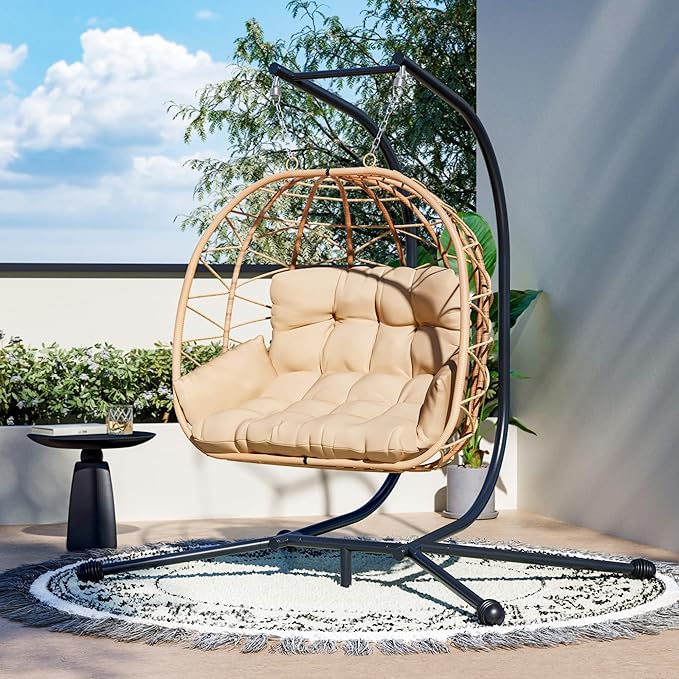 Pamapic Double Egg Chair wth Stand, 700 LBS Loveseat Rattan Swing Chair, UV Resistant Cushions with Armrests and Headrest, Thick Steel Frame Hammock Swing for Outdoor, Patio, Indoor(Beige)