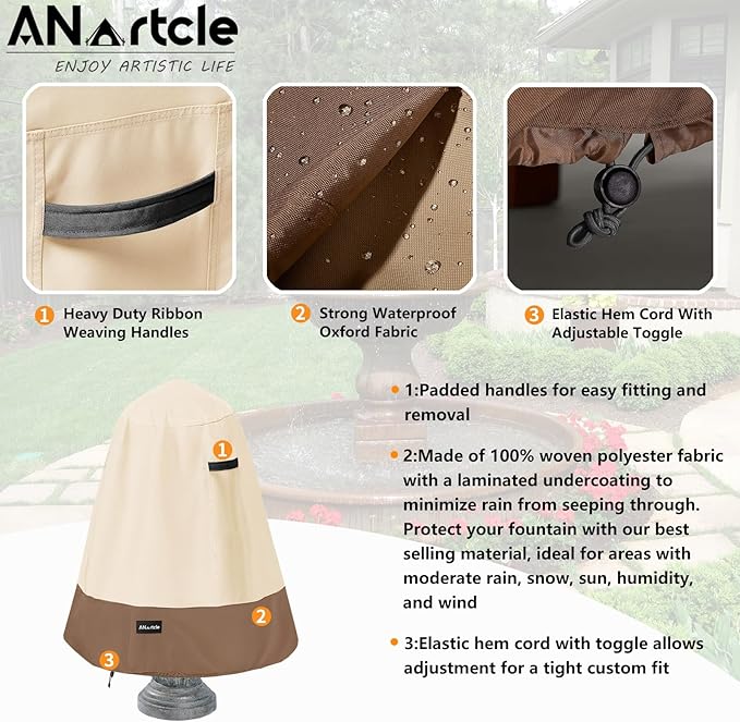 Outdoor Fountain Cover D 35" x H 40",600D Waterproof Heavy Duty Outdoor Fountain Covers,Winter Garden Fountain Statue Protective Cover,Beige&Brown
