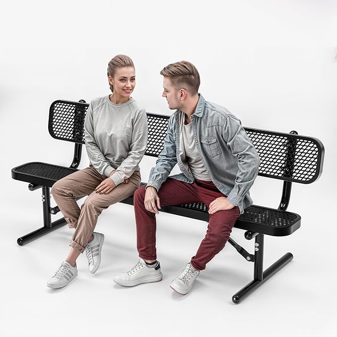 Heavy-Duty Outdoor Metal Bench, Thermoplastic-Coated, Portable, Weatherproof, Commercial-Grade for Parks, Gardens, Patios, Stores & More (6 Ft - Portable with Back, Black)
