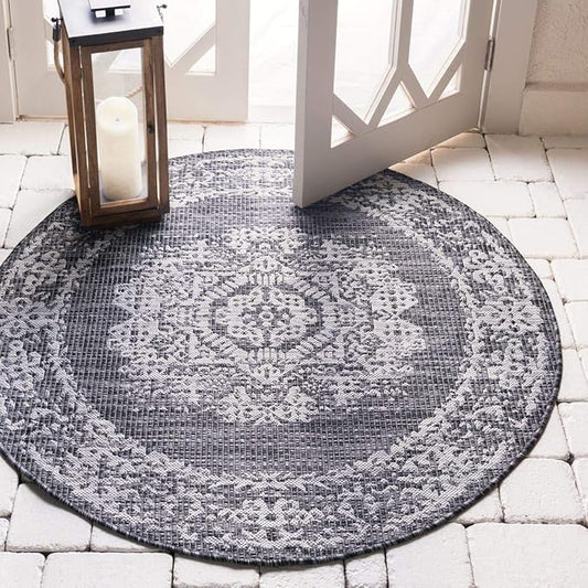 Unique Loom Outdoor Traditional Collection Area Rug - Timeworn (4' 1" Round, Charcoal Gray/ Gray)