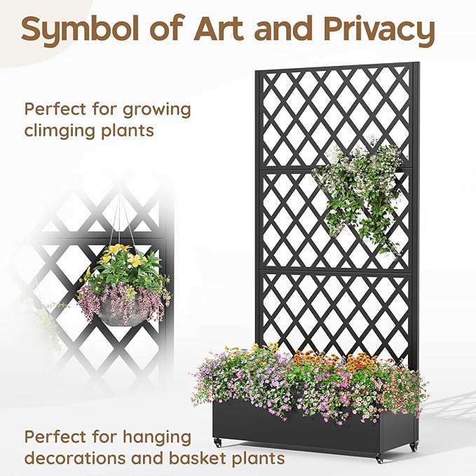 Metal Raised Garden Bed with Trellis & Wheels,72" x 35"x 15.7" Planter Box with Trellis,Privacy Planters for Patio,Garden Bed for Climbing Plants,Suitable for Climbing Plants and Vegetables,Black