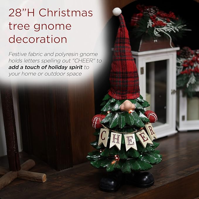 Alpine Corporation 28" Tall Christmas Tree Cheer Gnome Holiday Decoration with 20 Color Changing LED Lights, Multicolor