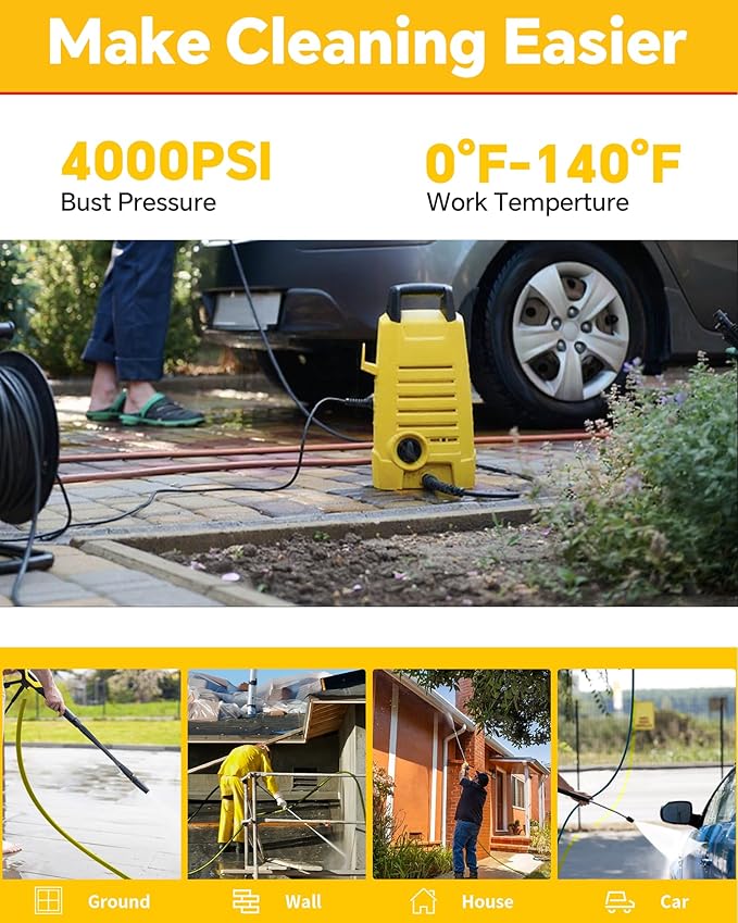 POHIR 100ft Pressue Washer Hose 4000 PSI, High Power Washing Hose, Replacement Hose with M22 Extension Adapter and 4pcs M22 14mm to 3/8 Quick Connect
