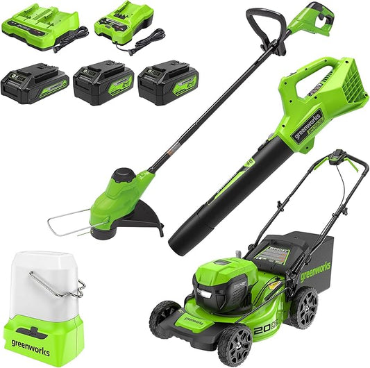 Greenworks 48V (24V x 2) All-in-One Cordless Combo - 20" Push Lawn Mower, 12" Trimmer, 320 CFM Blower & 500 Lumen Lantern