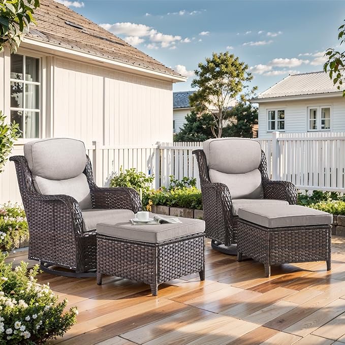 Outdoor Swivel Rocker Patio Chairs with 2 Ottomans - 5" Thick Cushion 4 Piece Furniture Set All Weather Comfortable Wicker Conversation Set for Porch Poolside and Deck - Brown/Beige