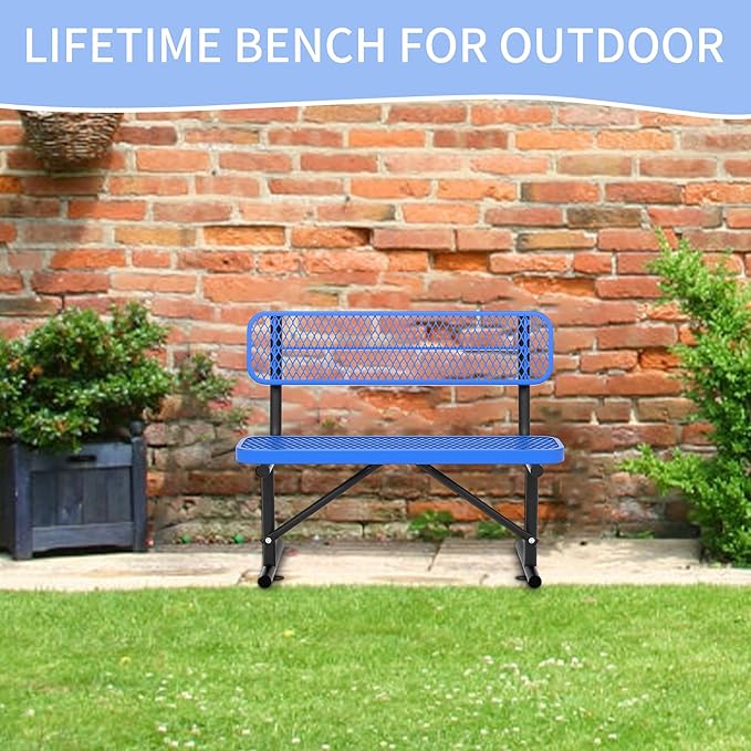 4 Feet Heavy Duty Metal Park Bench for Outside, Outdoor Bench with Backrest & Portable Frame, Thermoplastic Coating, Commercial Benches for Shopping Malls, Stores, Parks, Patios, Decks, Blue