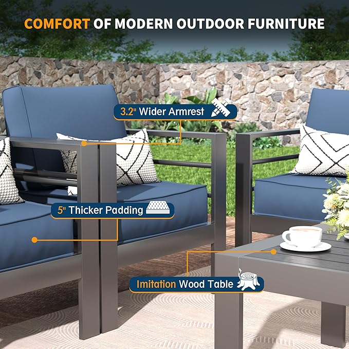 UDPATIO 8 Piece Aluminum Patio Furniture Set with Wicker Fire Pit Table,Mordern Outdoor Furniture Set with Water-Proof Cover Included, Dark Grey/Navy