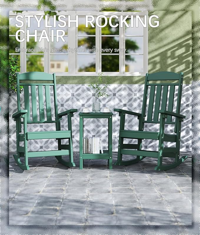 FOOWIN Outdoor Rocking Chair Set of 8, High Back Patio Rocking Chair, HDPE All Weather Resistant Porch Rocker for Adult, Oversized Rocking Chairs for Garden, Lawn, Indoor & Outdoor Use, Dark Green