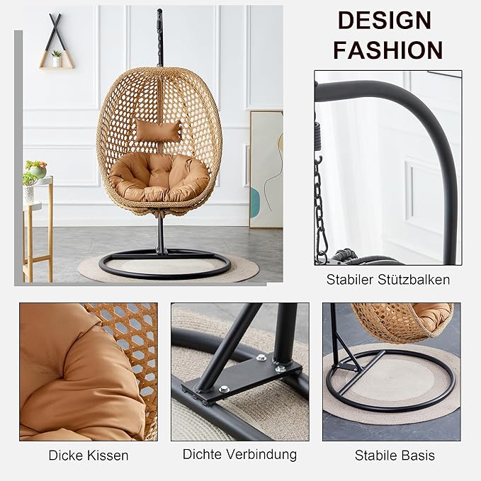 Hanging Egg Chair with Stand, Egg Swing Chair with Stand Indoor Outdoor, Yellow Basket Wicker Swing Egg Chair, Hammock Chair with Stable Round Metal Base and Comfortable Cushion for Patio Bedroom