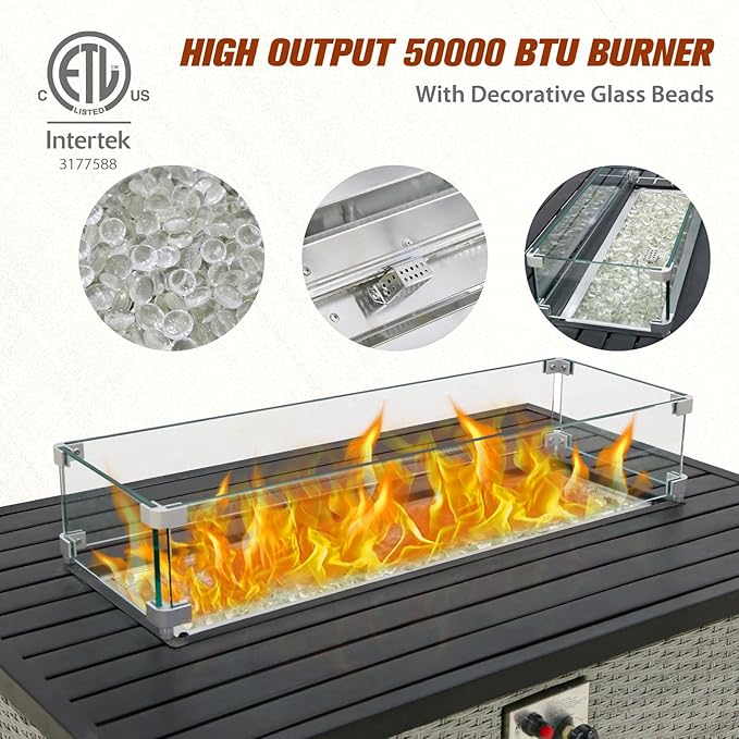 EAGLE PEAK 42'' Rectangular Propane Gas Fire Pit Table with Glass Beads， Wind Guard & Cover Storage, 50,000 BTU Outdoor Firepit Tabletop with Lid and Tank Compartment, Gray PE Rattan