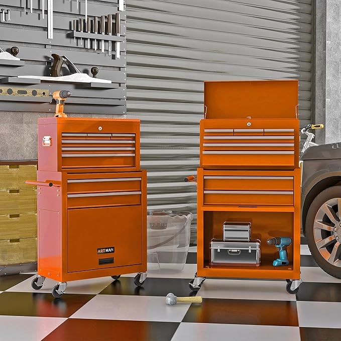 8 Drawers Rolling Tool Box Organizer,High Capacity Tool Chest with Wheels,Lockable Rolling Tool Chest with Bottom Cabinet, Tool Box Rolling Workshop Storage Cabinet (8 Drawers(Orange))