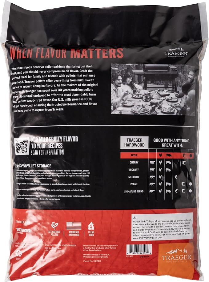 Traeger Grills Apple 100% All-Natural Wood Pellets for Smokers and Pellet Grills, BBQ, Bake, Roast, 18 lb. Bag