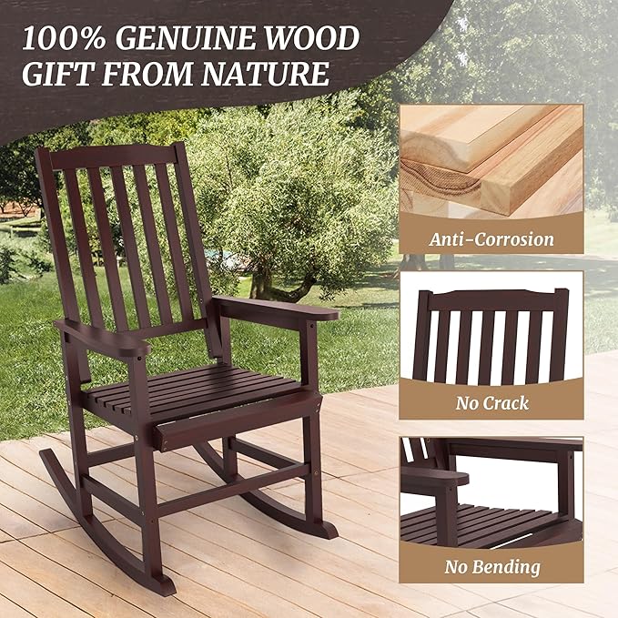 Outdoor Rocking Chairs Set of 2, Rocking Chair Outdoor All Weather Wooden Rockers, Heavy Duty 350lbs, High Back Wide Seat Patio Chairs for Porch, Backyard, Garden, Espresso