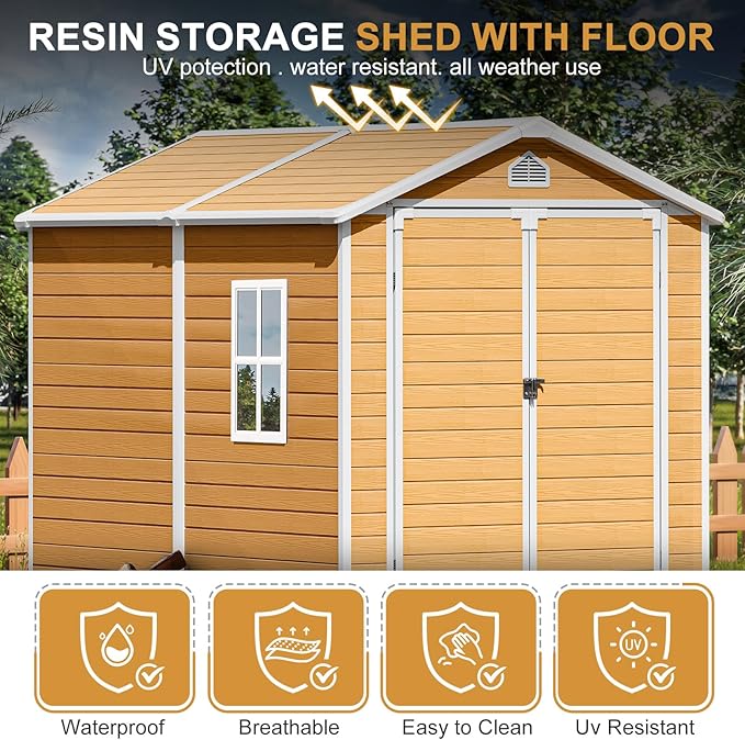 8X6 FT Resin Outdoor Storage Shed with Floor,Water Drainge Roof Plastic Sheds with Windows and Lockable Doors,Thickened Panel All-Weather Resistant Tool Storage Shed for Garden Backyard Patio, Brown