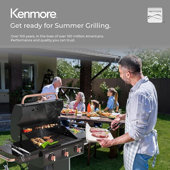 Kenmore 3-Burner Propane BBQ Grill, 30,000 BTUs Gas Grill with Cast Iron Cooking Grates, Folding Side Tables & Wheels, Outdoor Grill with Tool Hooks, Black/Copper + Bonus Cover