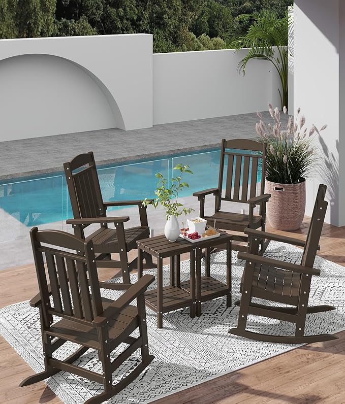 FOOWIN Outdoor Rocking Chair Set of 8, High Back Patio Rocking Chair, HDPE All Weather Resistant Porch Rocker for Adult, Oversized Rocking Chairs for Garden, Lawn, Indoor & Outdoor Use, Coffee