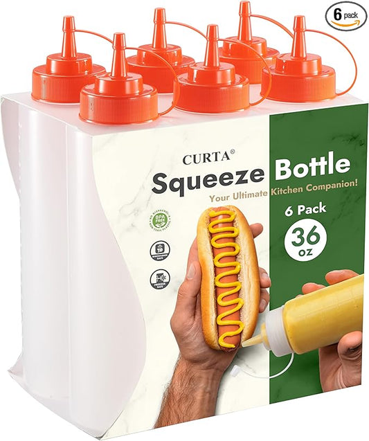 CURTA 6-Pack 36 oz Clear Squeeze Bottle with Cap, BPA-Free Easy-to-Squeeze Plastic Condiment Dispenser with oz & ml Markings for Sauce, Oil, Dressing, Dishwasher Safe, Red