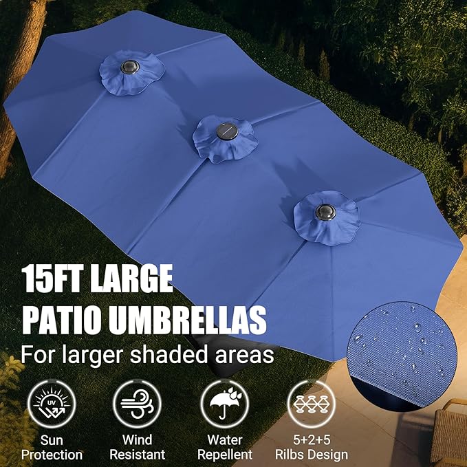 LEVELEVE 15FT Large Patio Patio Umbrella with Base & Solar LED Lights - Double-Sided,Blue