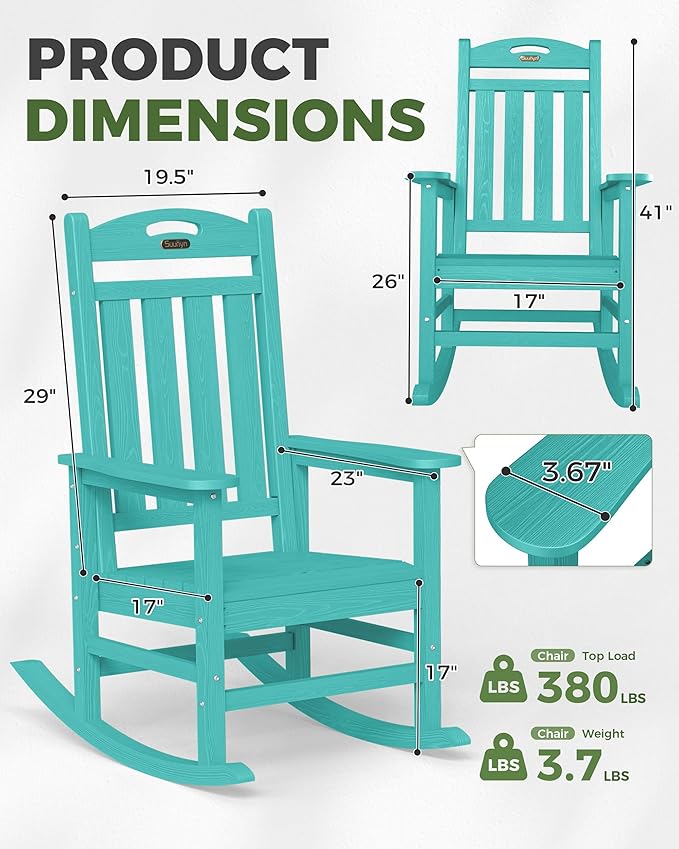 Oversized Outdoor Rocking Chair Set of 4, High Back Porch Rocker Chair, HDPE All Weather Resistant Rocking Chairs for Patio, 383lbs Weight Capacity, Lake Blue