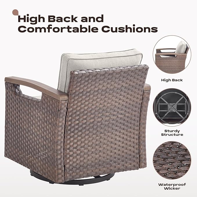 Rilyson Wicker Outdoor Patio Furniture Set - 7 Piece Patio Conversation Sets with Swivel Rocker Chairs, Chairs, Ottomans and Sofa, Thick Cushions, Waterproof Wicker, for Porch Deck Brown/Beige