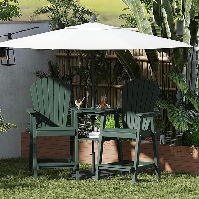 FOOWIN Tall Adirondack Chair Set of 8, All Weather HDPE Bar Height Adirondack Chair with Double Connecting Trays, Adirondack Barstools for Balcony, Deck, Backyard, Patio, Garden Dark Green